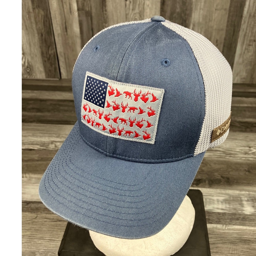 Columbia PHG American Flag Deer Duck Mesh Trucker Hat Blue Grey S/M CU0055